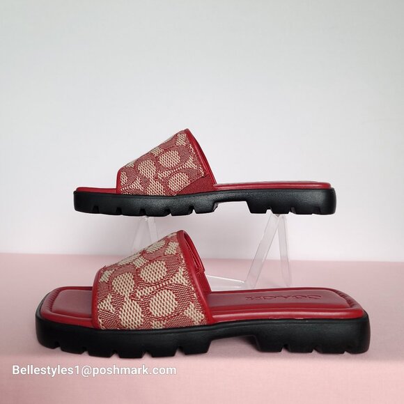 COACH FLORENCE Signature Logo Jacquard Slide Sandals- Ruby multi-Women’s Size 6B - Picture 9 of 16